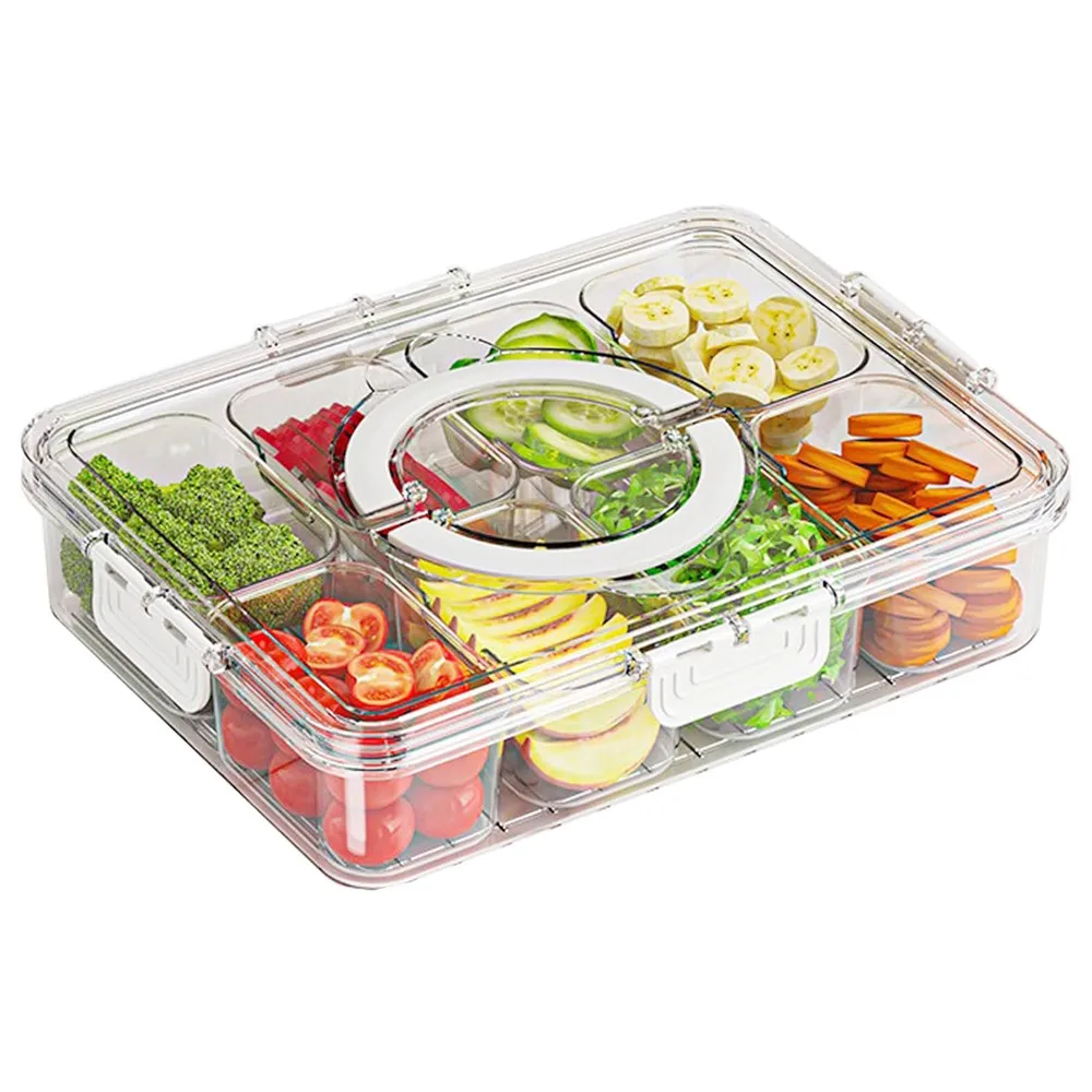 New style Veggie Tray with Lid Handle Divided Serving Tray Snack Spinner Portable Snackle Box for Candy Fruits Nuts Clear Fridge
