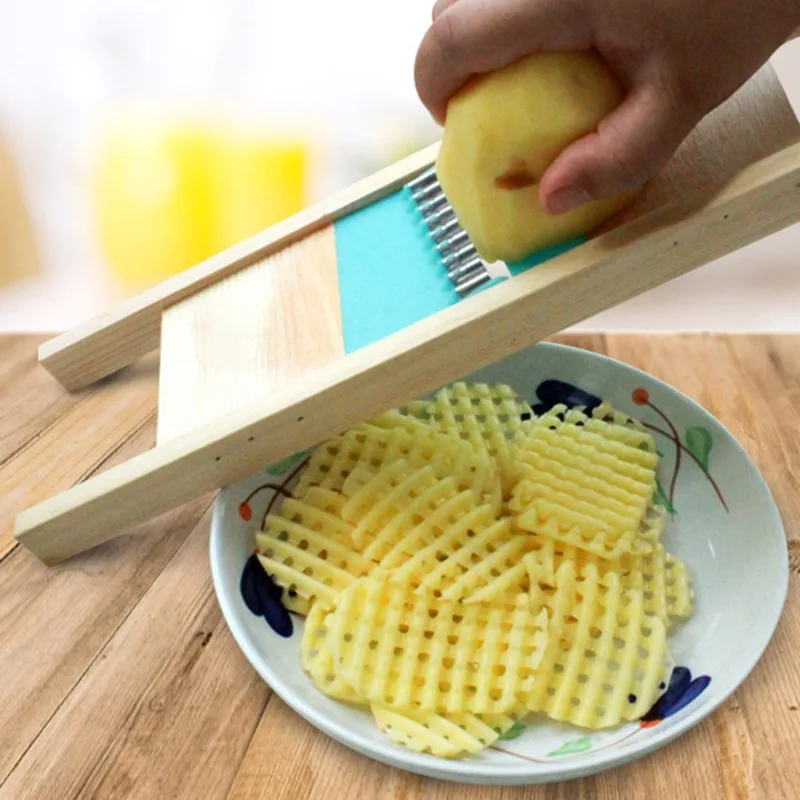 Stainless Steel Potato Cutter French Fries Grid Gadget Wooden Handle Home Kitchen Vegetable Shred Grater Slicer Chip Making Tool