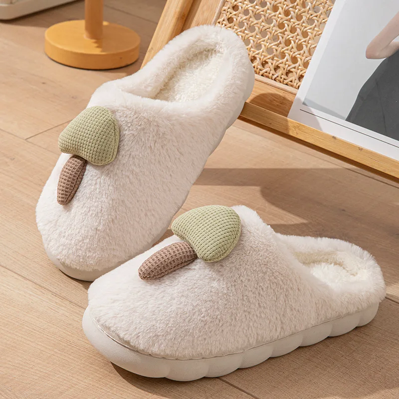 Winter Couples Cozy Fluffy Slippers - Home Shoes Cartoon Mushroom Design Thick Warm Non-Slip Sole Indoor Slides